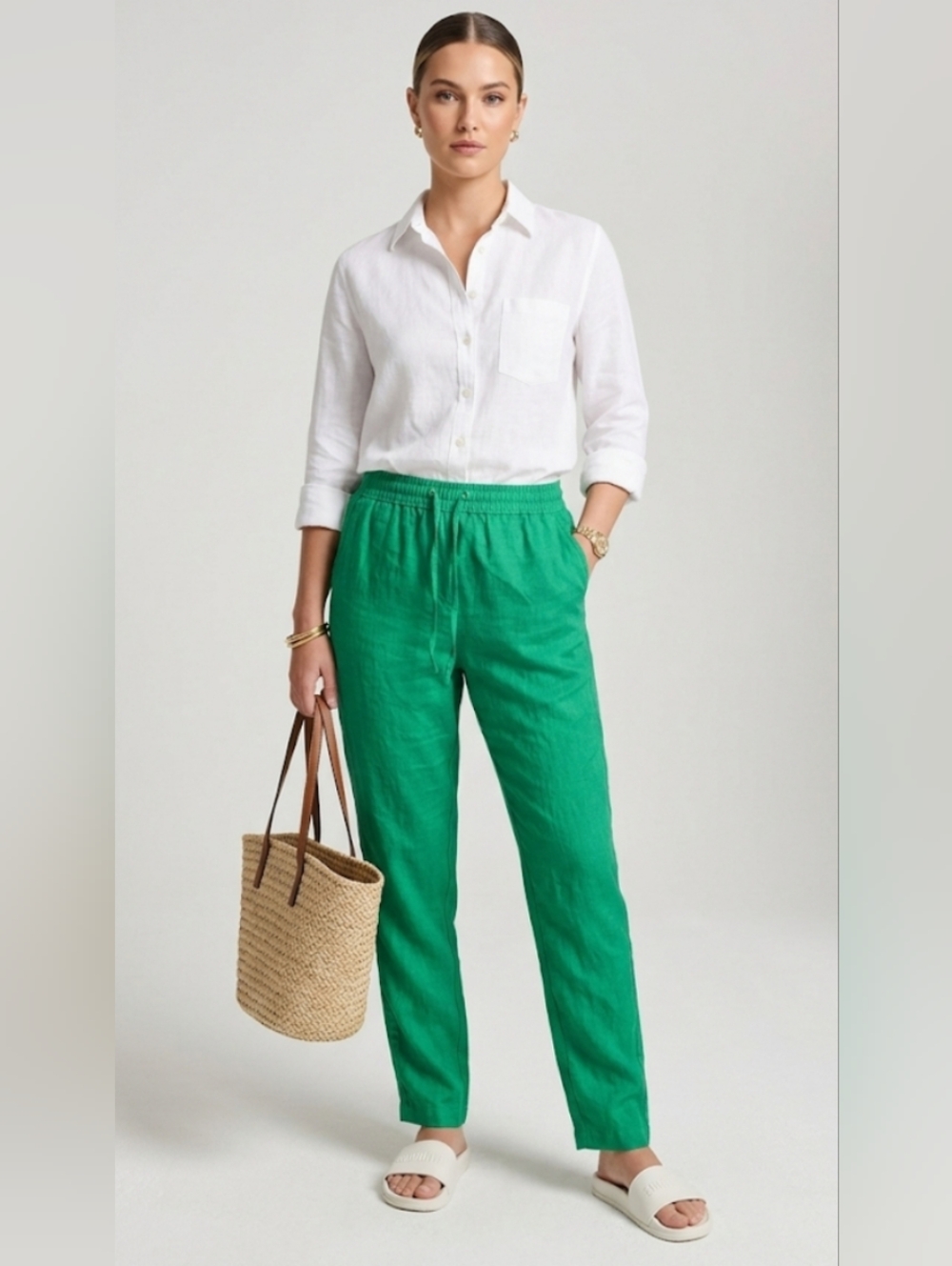 Green Drawstring Linen Pants for Women